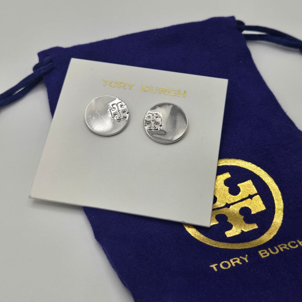 NEW Tory Burch Serif Stripe Disc Stud Earrings Silver Double T Logo - Picture 4 of 5